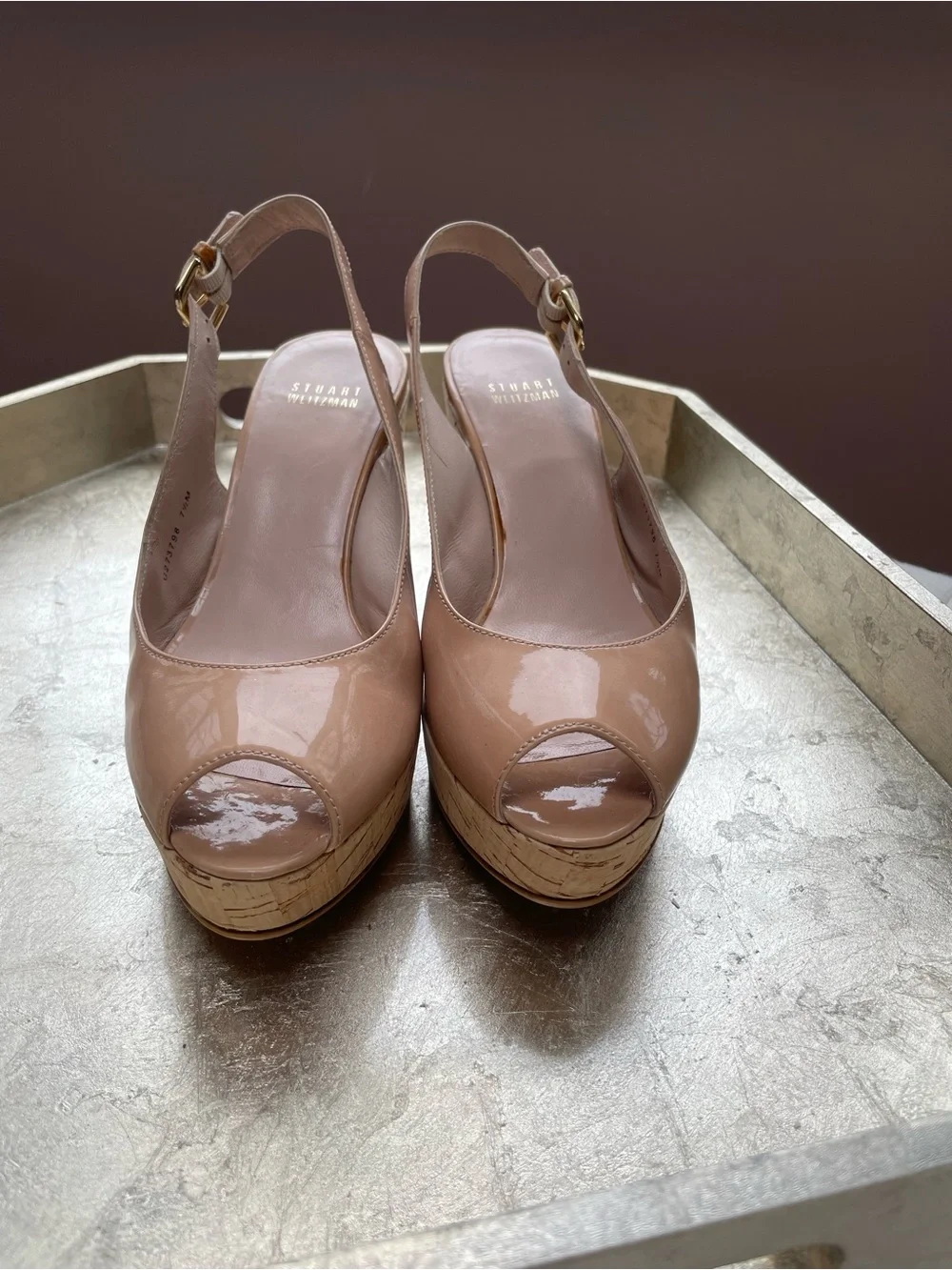 Stuart Weitzman Nude Patent Peep-Toe Cork Wedge Slingbacks